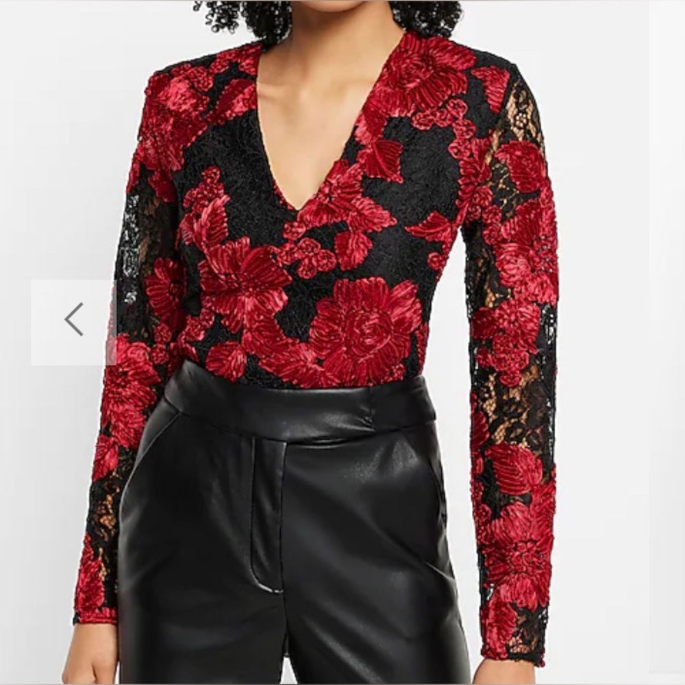 Express Embroidered Floral Long Zsleeve Bodysuit M